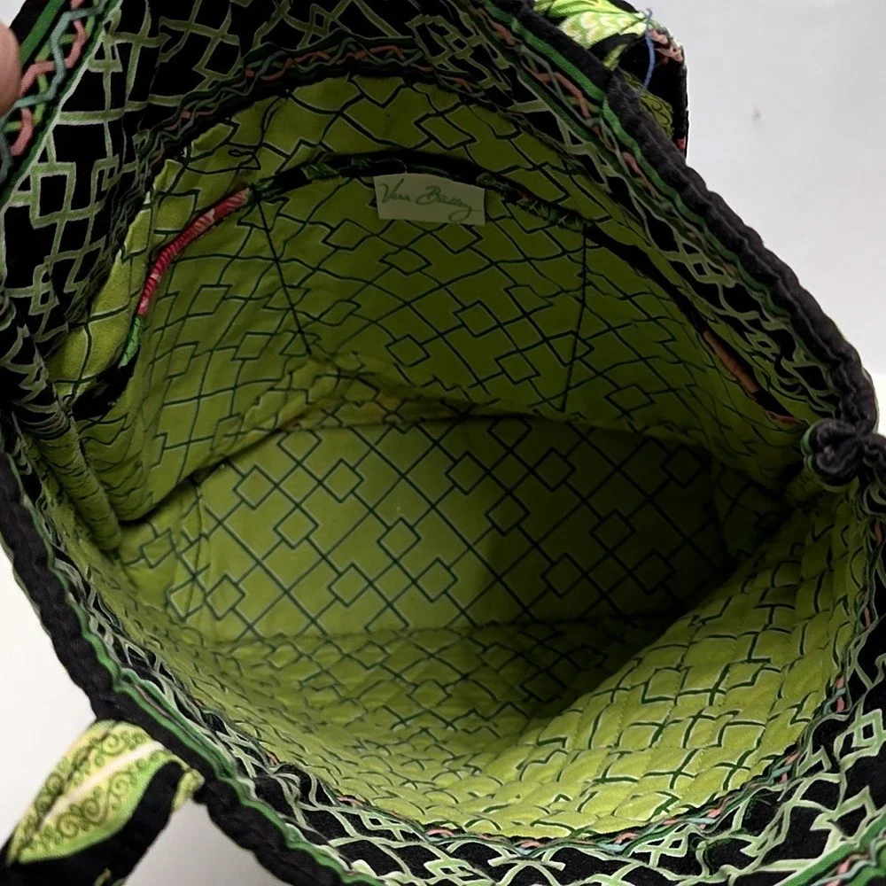 Vera Bradley Tote Bag Black Green Botanical Floral Quilted Purse w/Hanging Pouch